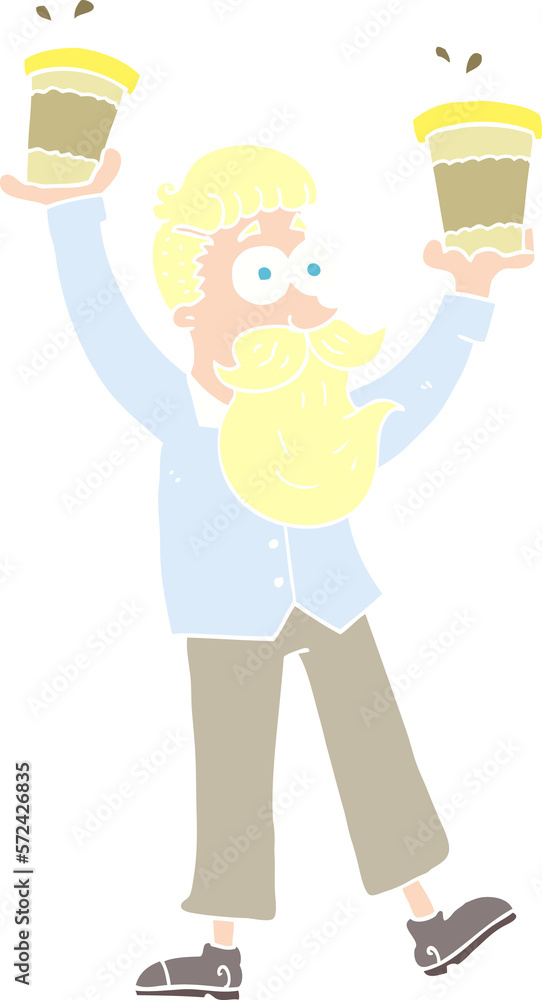 flat color illustration of a cartoon man with coffee cups