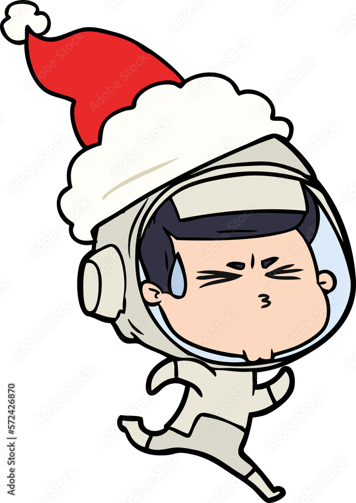 line drawing of a stressed astronaut wearing santa hat