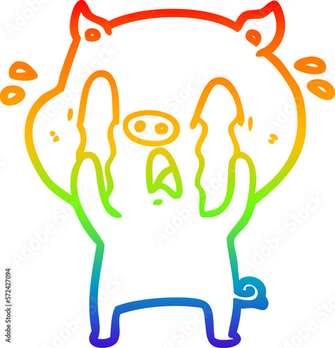 rainbow gradient line drawing crying pig cartoon