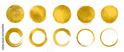 Set different circle brush strokes isolated, hand drawn paint brush circle logo gold frame – for stock