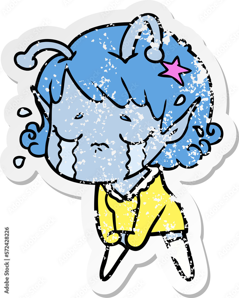 distressed sticker of a cartoon crying alien girl distressed sticker of a cartoon crying alien girl