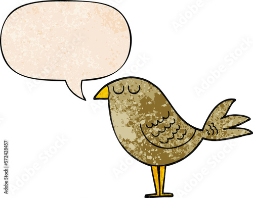 cartoon bird and speech bubble in retro texture style