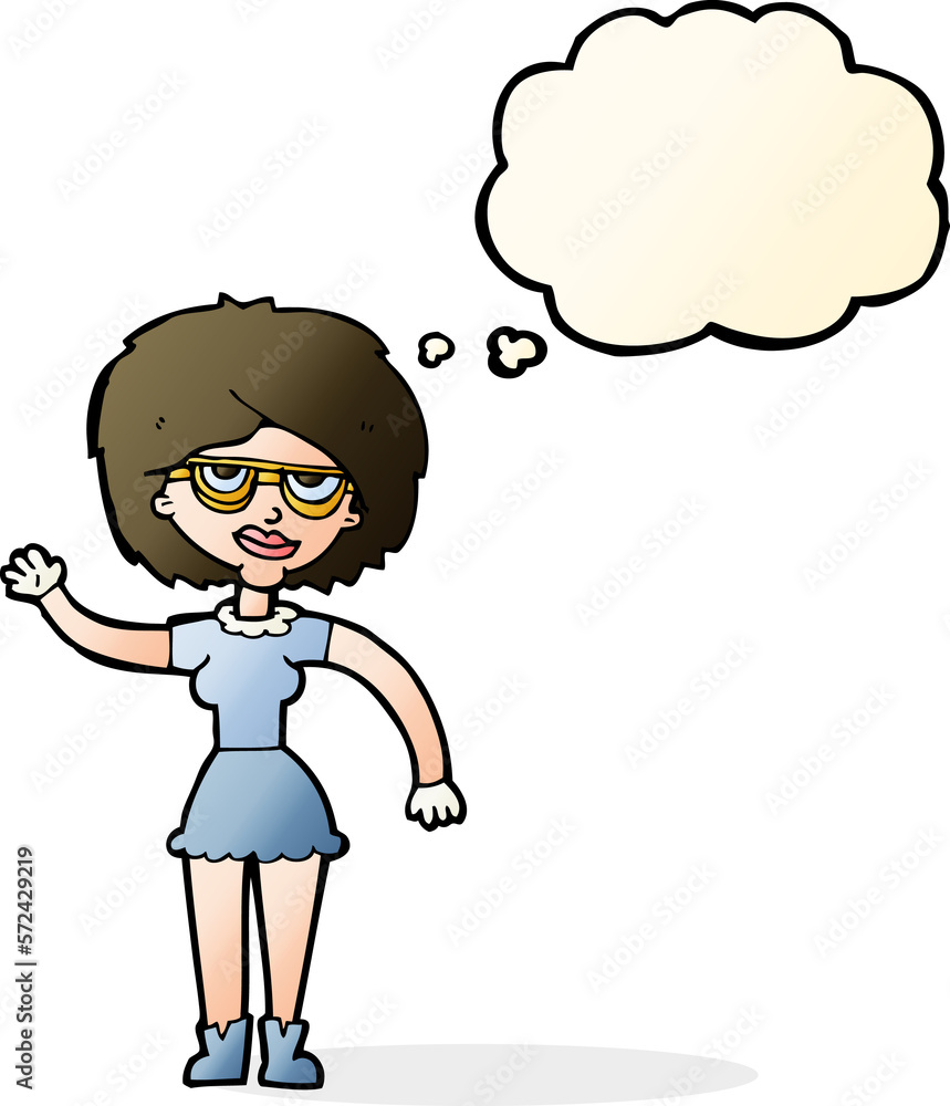 cartoon waving woman wearing spectacles with thought bubble cartoon waving woman wearing spectacles with thought bubble