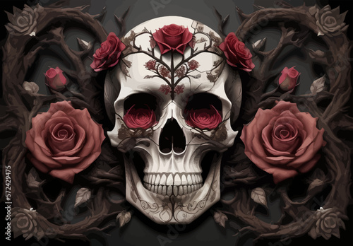 Fototapeta Naklejka Na Ścianę i Meble -  Skull and roses vector illustration. Dark fantasy.