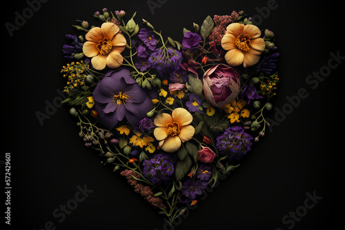 Floral Heart on a Dark Background. Symbol of love. Decorative heart made by yellow and purple flowers. A stunning bouquet of stylized flowers is arranged in the shape of a heart. Generative Ai.