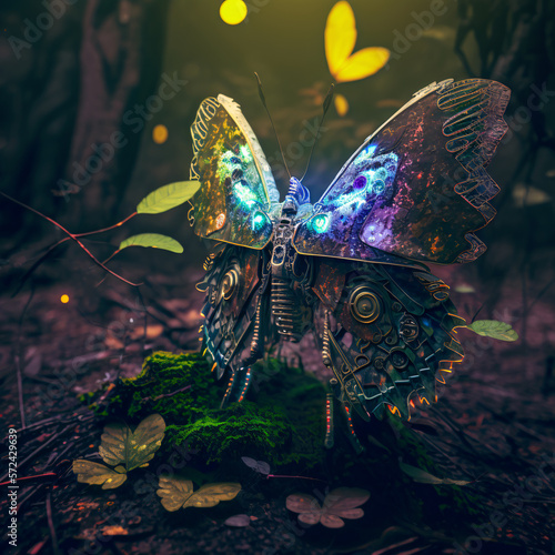 Futuristic, colourful butterfly in nature environment.