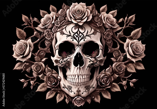 Skull and roses vector illustration. Dark fantasy.