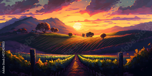 illustration of vineyard at sunset, with rows of grapevines and mountain in the distance. generative ai