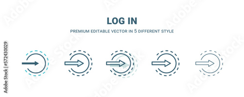 log in icon in 5 different style. Outline, filled, two color, thin log in icon isolated on white background. Editable vector can be used web and mobile