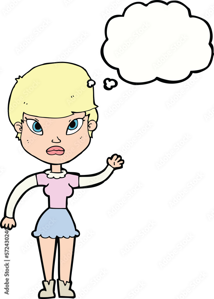 cartoon woman waving with thought bubble cartoon woman waving with thought bubble