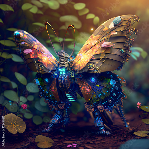 Futuristic, colourful butterfly in nature environment.