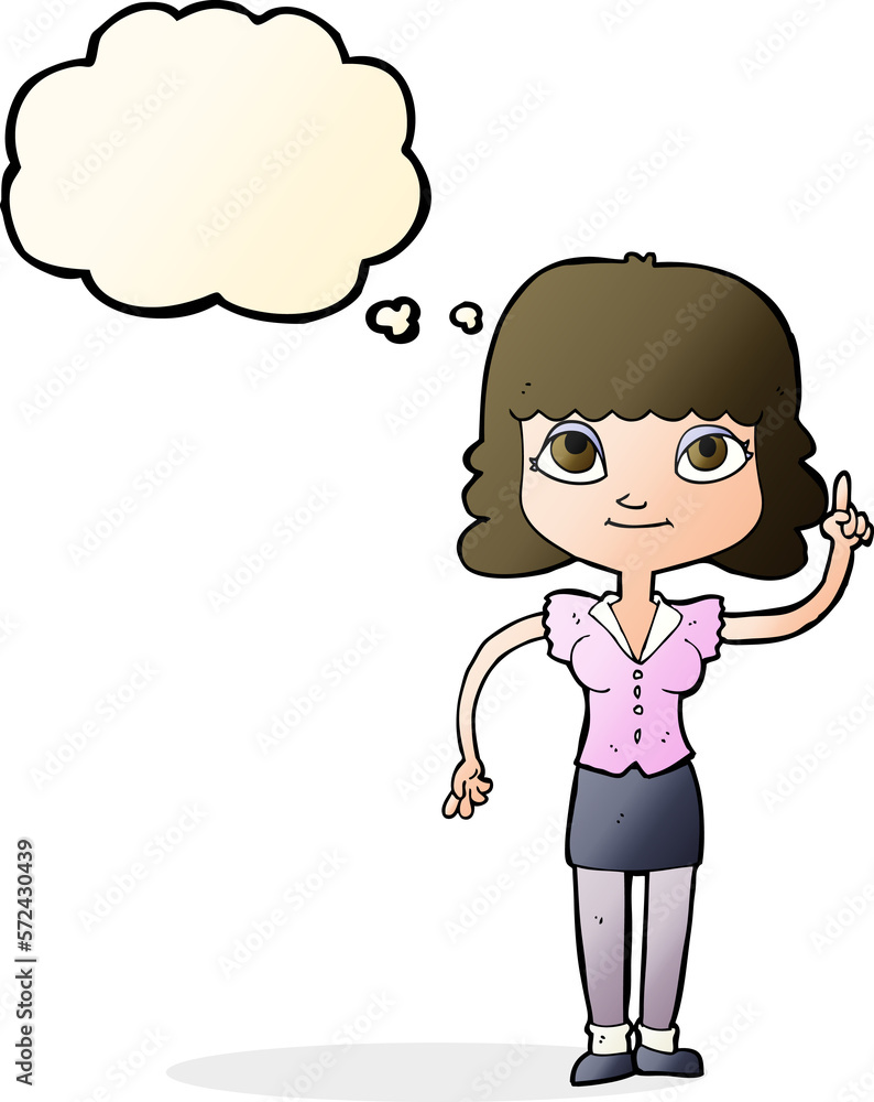 cartoon woman with idea with thought bubble cartoon woman with idea with thought bubble