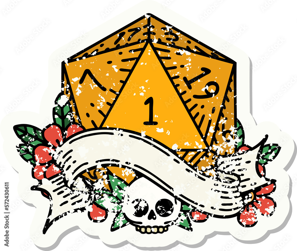 natural one d20 dice roll grunge sticker natural one d20 dice roll grunge sticker