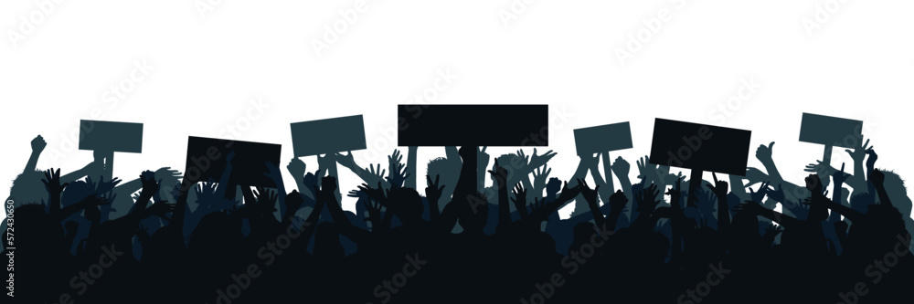 Set hands up revolution. Silhouettes of crowd of people with raised up hands and flags. Protest, revolution, strike, demonstration concept. Political, human rights protest, power solidarity - obrazy, fototapety, plakaty 