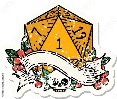 natural one d20 dice roll grunge sticker