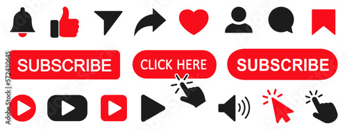 Set subscribe button icons: cursor, bell, like, comment, share sign for channel, blog, social media. Subscribe icon shape sign button set – for stock