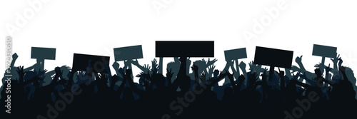 Set hands up revolution. Silhouettes of crowd of people with raised up hands and flags. Protest, revolution, strike, demonstration concept. Political, human rights protest, power solidarity