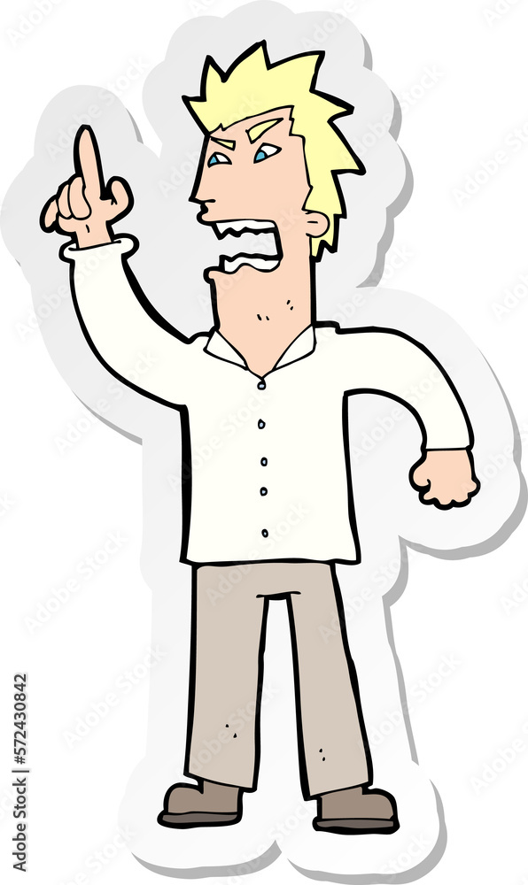 sticker of a cartoon angry man making point sticker of a cartoon angry man making point
