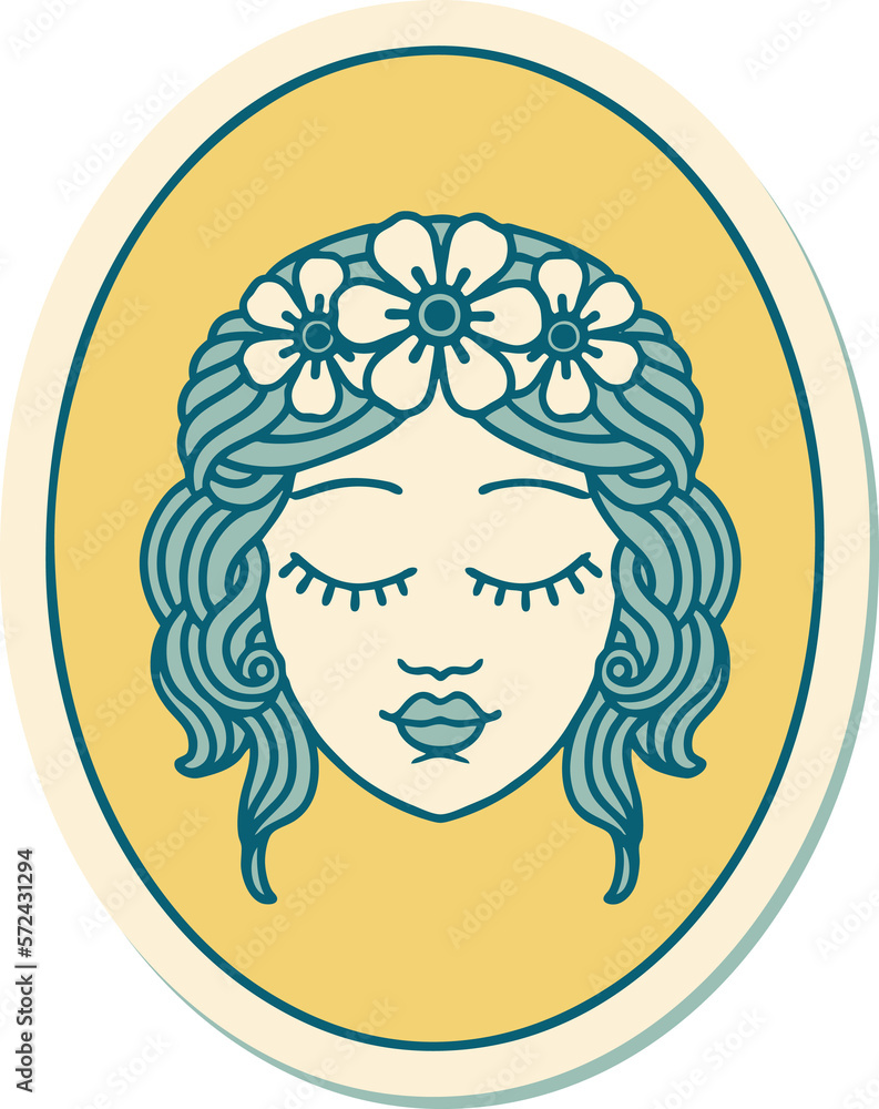 tattoo style sticker of a maiden with eyes closed tattoo style sticker of a maiden with eyes closed