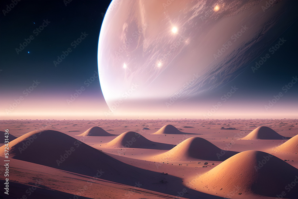 Futuristic fantasy landscape. Painting sci-fi landscape with planet. Desert on the unknown planet. Galaxy. Generative AI.