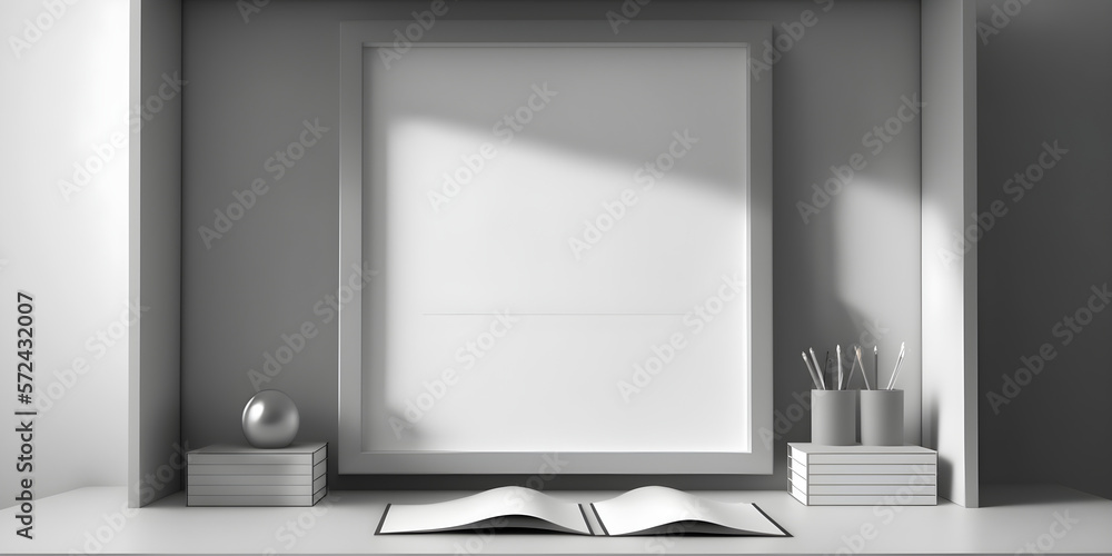mock up poster modern desk with minimalist design and built-in storage compartments. generative ai