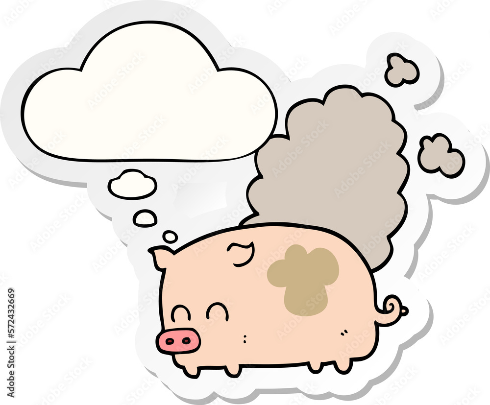 cartoon smelly pig and thought bubble as a printed sticker cartoon smelly pig and thought bubble as a printed sticker