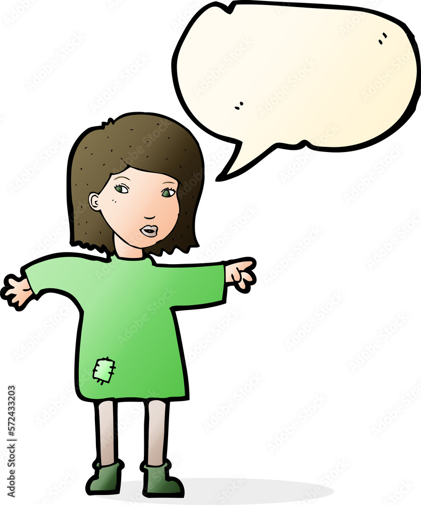cartoon woman in patched clothing with speech bubble cartoon woman in patched clothing with speech bubble