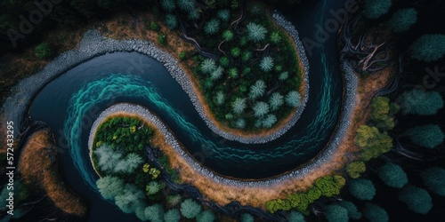 Winding River Through Lush Forest from Above, generative ai photo