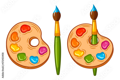 Artist paint palette with brush, art materials icon set. Paintbrush with artistic oil or watercolor color. Painter supplies. Children coloring book. Education drawing studio. Hand drawn cartoon vector