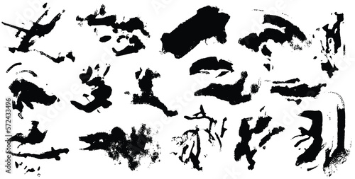 Black smears silhouette spot with droplets, smudges, stains, splashes. Ink blot in grunge style. Hand made paint brush stroke Vector illustration