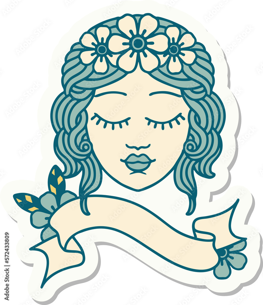 tattoo sticker with banner of a maidens face tattoo sticker with banner of a maidens face