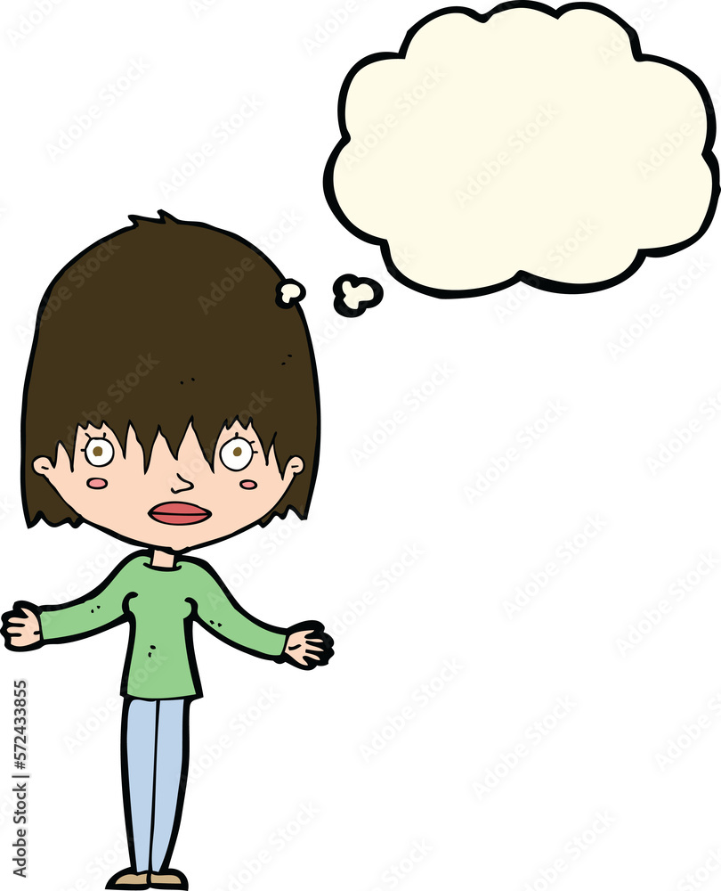 cartoon woman shrugging shoulders with thought bubble cartoon woman shrugging shoulders with thought bubble