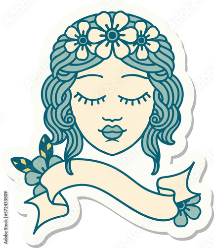 tattoo sticker with banner of a maidens face