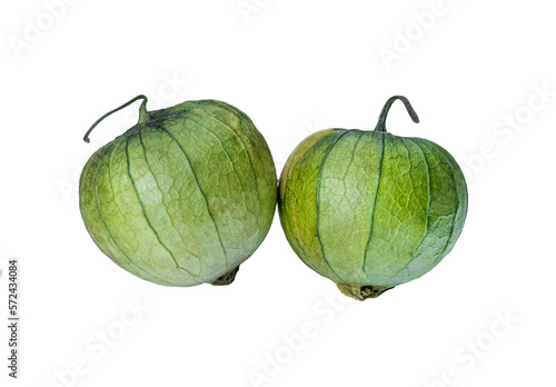 physalis philadelphica. Tomatillo or Mexican husk tomato. Fresh organic green tomatillos (Physalis philadelphica) with a husk. Two whole isolated on white photo