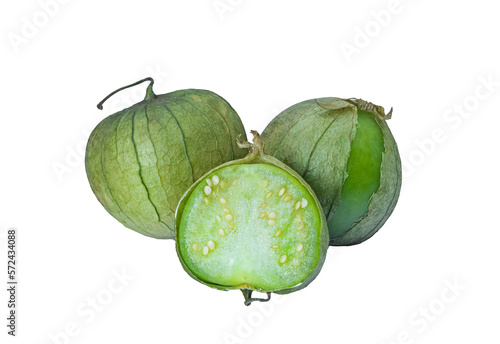 physalis philadelphica. Tomatillo or Mexican husk tomato. Fresh organic green tomatillos (Physalis philadelphica) with a husk. Two whole isolated on white and one half of it