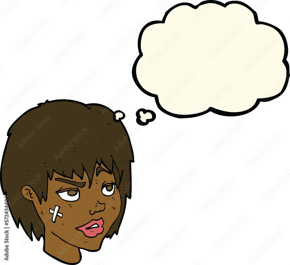 cartoon woman with plaster on face with thought bubble cartoon woman with plaster on face with thought bubble