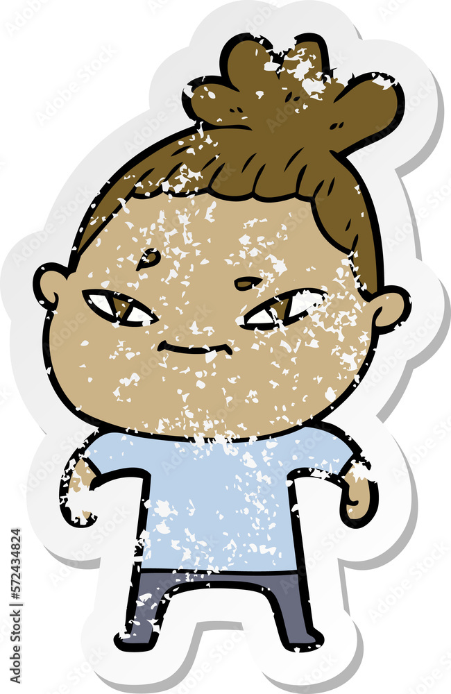distressed sticker of a cartoon woman distressed sticker of a cartoon woman