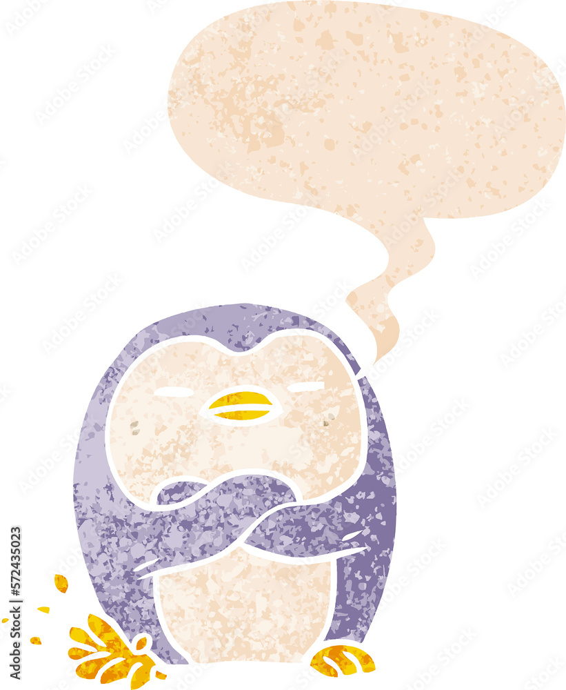 cartoon penguin tapping foot and speech bubble in retro textured style cartoon penguin tapping foot and speech bubble in retro textured style