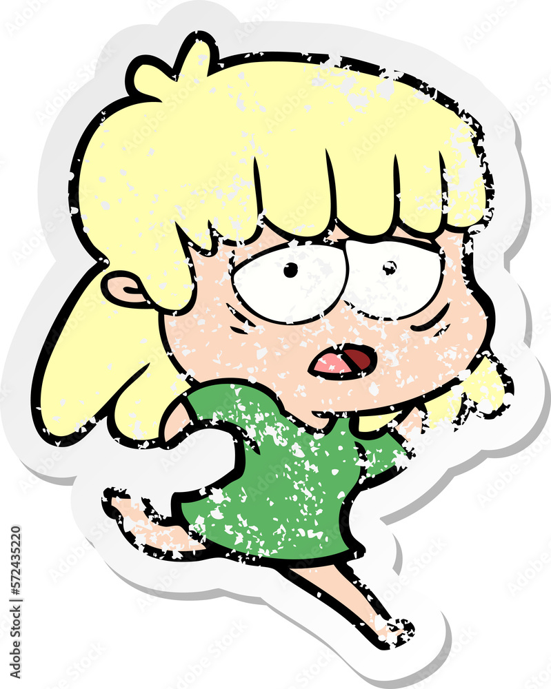 distressed sticker of a cartoon tired woman distressed sticker of a cartoon tired woman