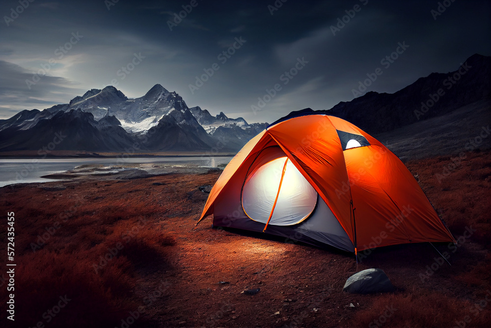 camping with a tent in nature in the mountains illustration Generative AI
