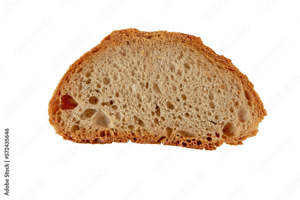 Slice of rye and wheat sourdough bread top view isolated transparent png. Porous bread pulp and crispy crust. Slice of rye and wheat sourdough bread top view isolated transparent png. Porous bread pulp and crispy crust.