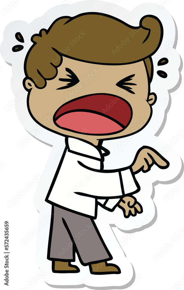 sticker of a cartoon shouting man pointing finger