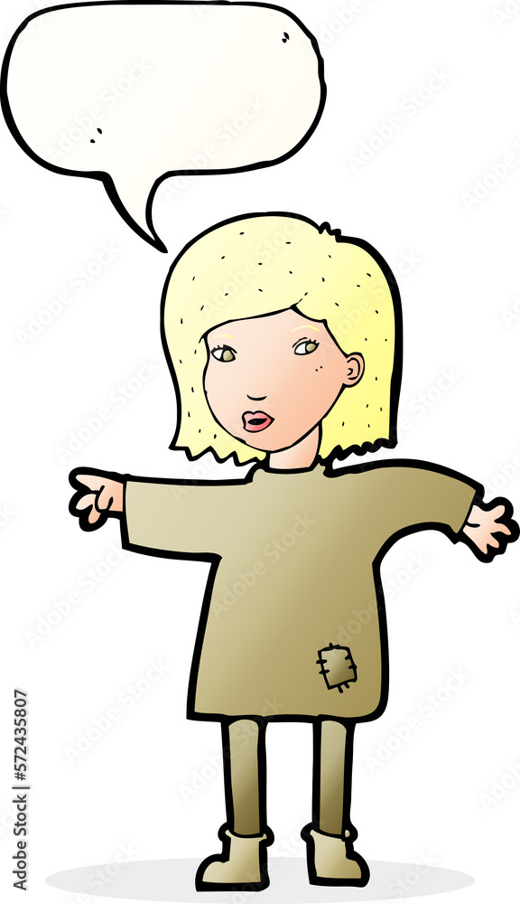 cartoon woman in patched clothing with speech bubble cartoon woman in patched clothing with speech bubble