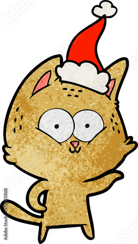 textured cartoon of a cat wearing santa hat