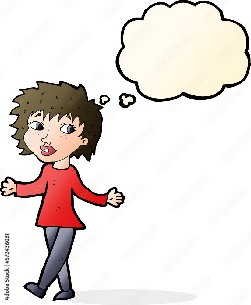 cartoon woman with no worries with thought bubble cartoon woman with no worries with thought bubble