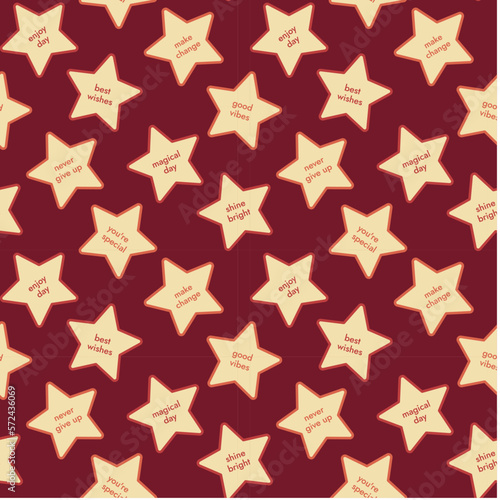 Pattern of Stars with Wishes. Five-pointed Stars with a stroke on a burgundy background. Motivational Quote. Festive. Vector illustration