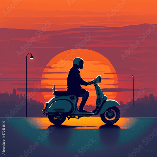 Man driving the motorcycle at sunset. Generative AI. © DALU11