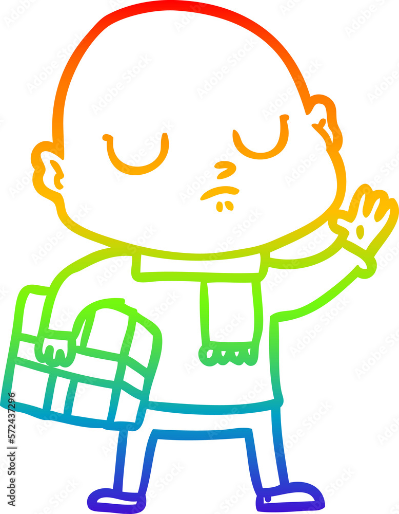 rainbow gradient line drawing cartoon bald man with xmas gift rainbow gradient line drawing cartoon bald man with xmas gift