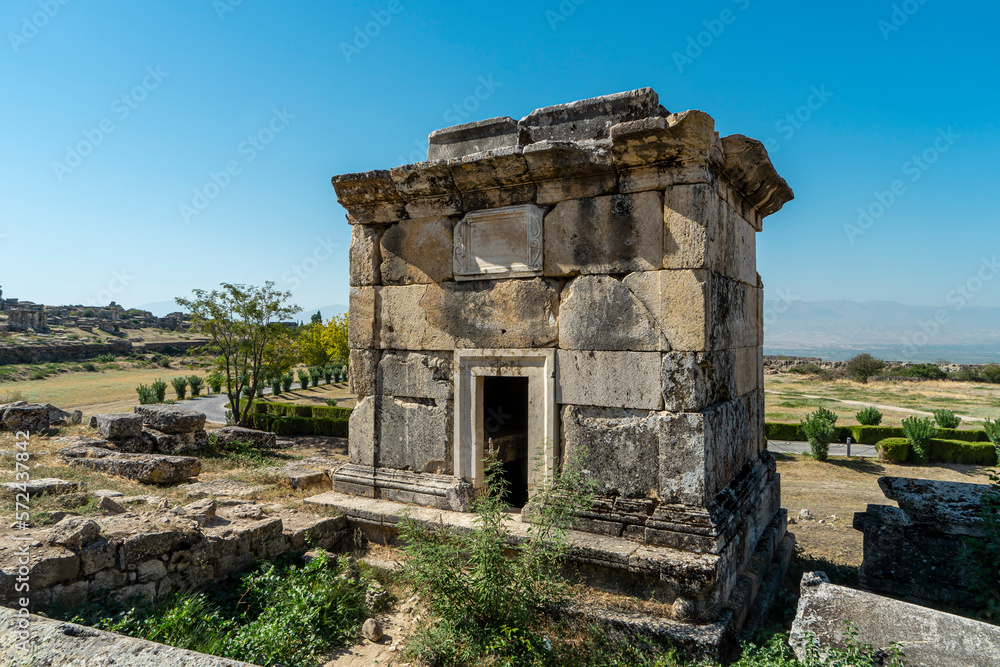 Travertine lahid in northern Necropolis of Hierapolis near Pamukkale, Denizli. Old grave monuments, tumulus graves. 