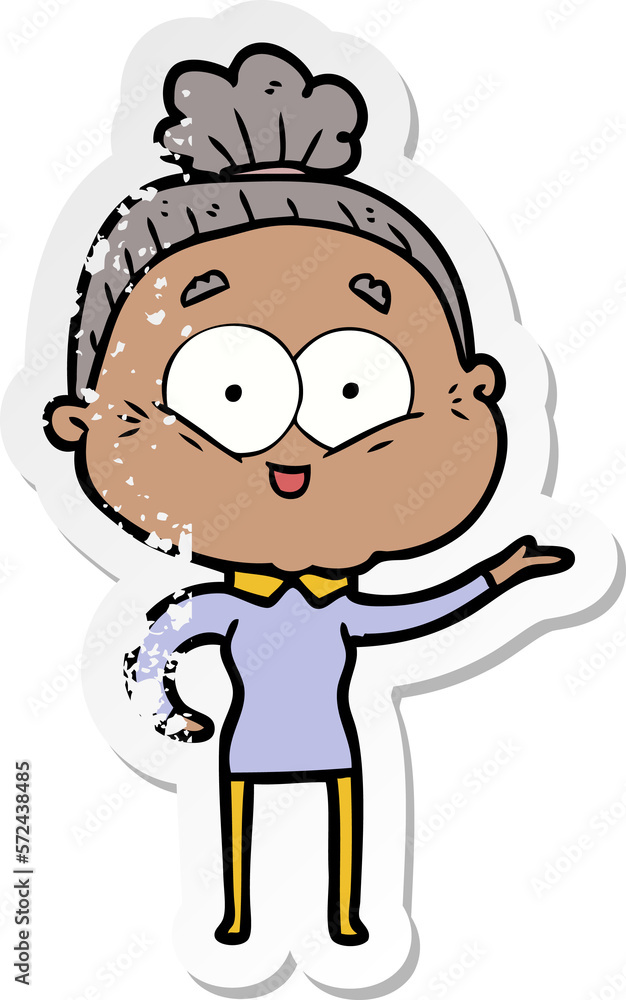 distressed sticker of a cartoon happy old woman distressed sticker of a cartoon happy old woman